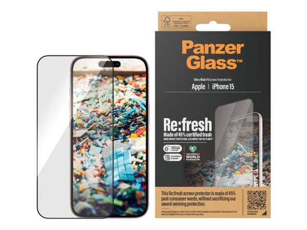 PanzerGlass Re:fresh - Skjermbeskyttelse for mobiltelefon - ultravid passform med EasyAligner - rammefarge svart - for Apple iPhone 15