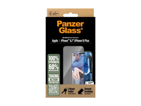 PanzerGlass - Skjermbeskyttelse for mobiltelefon - ultrabred passform - glass - rammefarge svart - for Apple iPhone 16 Plus
