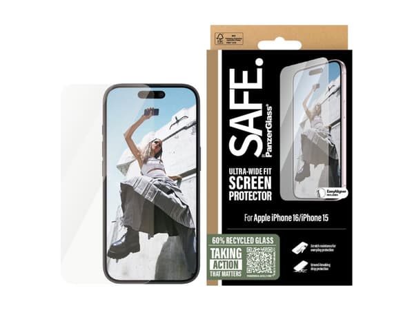 SAFE. by PanzerGlass - Skjermbeskyttelse for mobiltelefon - ultrabred passform - glass - for Apple iPhone 15, 16