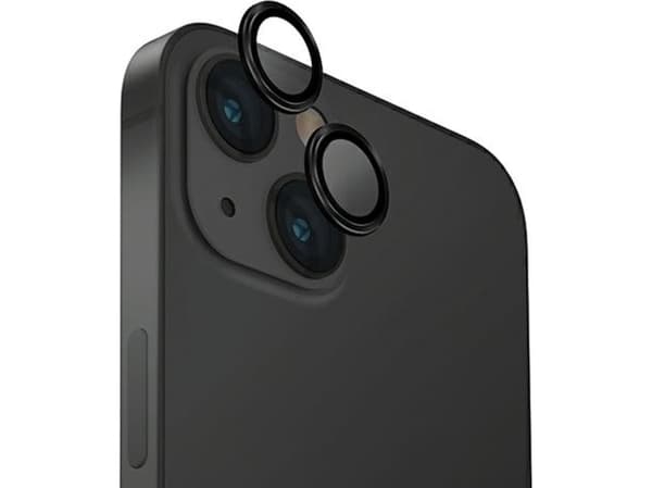 Uniq lasinen ja alumiininen kameran linssin suojus applikaattorilla iPhone 15/15 Plus kameran linssille - musta