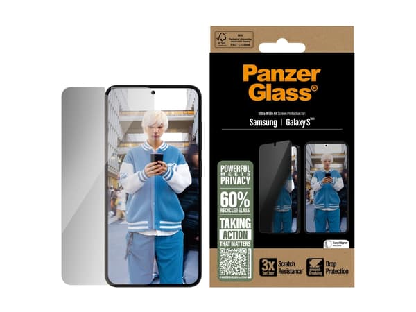 PanzerGlass Privacy - Skjermbeskyttelse for mobiltelefon - ultrabred passform - glass - med personvernsfilter - 2-veis - for Samsung Galaxy S25