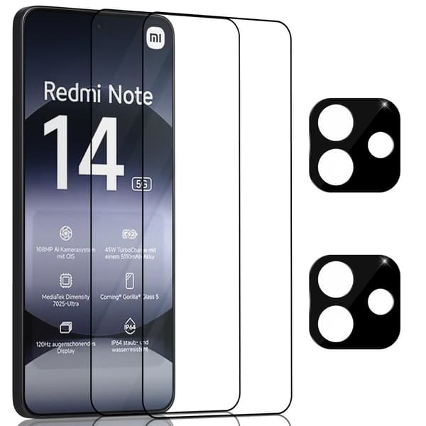 2-Pack Xiaomi Redmi Note 14 Skärmskydd & 2-Pack linsskydd - Härdat Glas 9H - Super kvalitet 3D