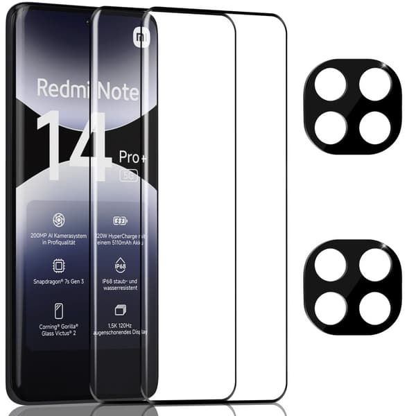 2-Pack Xiaomi Redmi Note 14 Pro Plus Skärmskydd & 2-Pack linsskydd - Härdat Glas 9H - Super kvalitet 3D