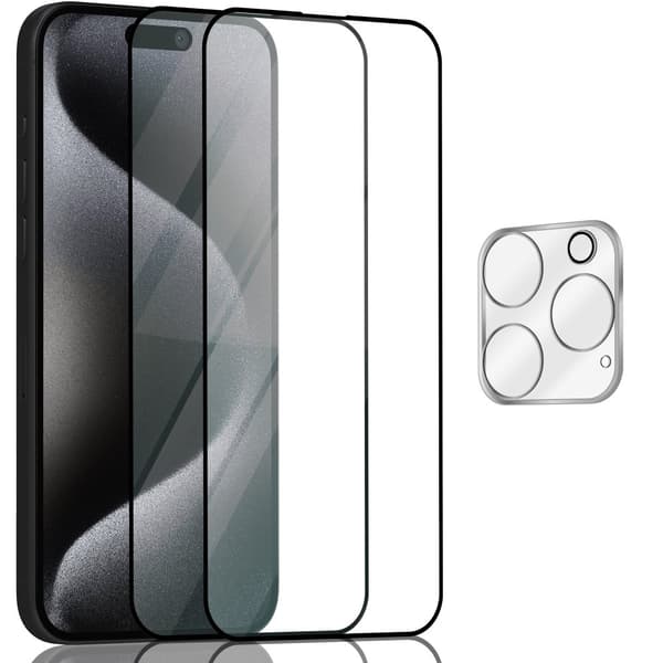 2-Pack ‏‏Iphone 15 Pro Skærmbeskyttelse & 1-Pack linsebeskyttelse - Hærdet Glas 9H - Super kvalitet 3D