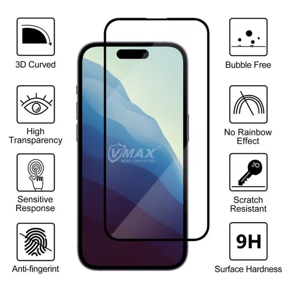 Vmax iPhone 14 Härdat Glas Skärmskydd 9D - Svart
