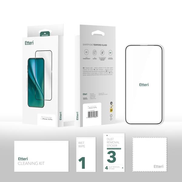 Etteri iPhone 16 Pro Härdat Glas Skärmskydd 9D - Svart