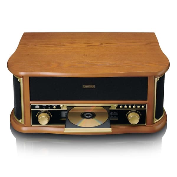 Lenco Retro-pladespiller i træ med Bluetooth® AM/FM-radio, USB-kodning, cd-afspiller, kassetteafspiller og indbyggede højttalere