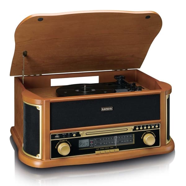 Lenco Retro-pladespiller i træ med Bluetooth® AM/FM-radio, USB-kodning, cd-afspiller, kassetteafspiller og indbyggede højttalere
