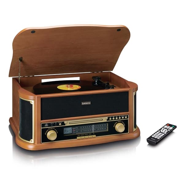 Lenco Retro-pladespiller i træ med Bluetooth® AM/FM-radio, USB-kodning, cd-afspiller, kassetteafspiller og indbyggede højttalere