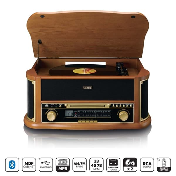 Lenco Puinen retro-levysoitin, jossa on Bluetooth® AM/FM-radio USB-koodaus CD-soitin, kasettisoitin ja sisäänrakennetut kaiuttimet