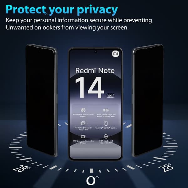 1-Pack Xiaomi Redmi Note 14 Privacy Skærmbeskyttelse - Hærdet Glas 9H - Super kvalitet 3D