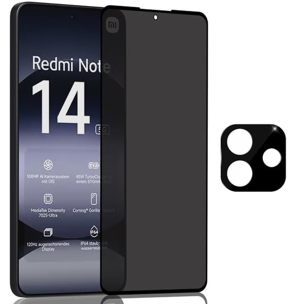 1-Pack Xiaomi Redmi Note 14 Privacy Skärmskydd & 1-Pack linsskydd - Härdat Glas 9H - Super kvalitet 3D