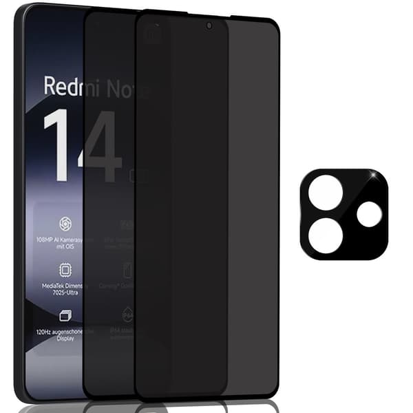 2-Pack Xiaomi Redmi Note 14 Privacy Skærmbeskyttelse & 1-Pack linsebeskyttelse - Hærdet Glas 9H - Super kvalitet 3D