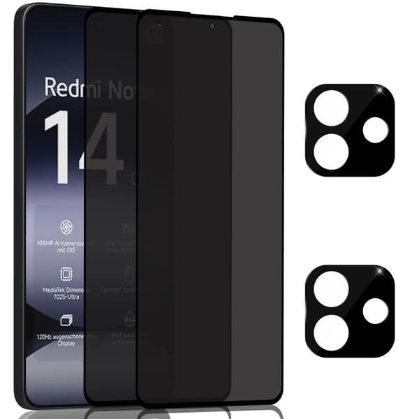 2-Pack Xiaomi Redmi Note 14 Privacy Skærmbeskyttelse & 2-Pack linsebeskyttelse - Hærdet Glas 9H - Super kvalitet 3D