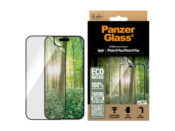PanzerGlass - Skjermbeskyttelse for mobiltelefon - ultrabred passform - film - rammefarge svart - for Apple iPhone 15 Plus, 16 Plus