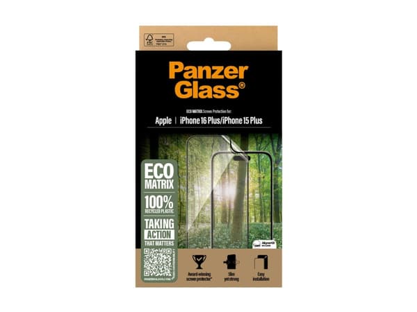 PanzerGlass - Skjermbeskyttelse for mobiltelefon - ultrabred passform - film - rammefarge svart - for Apple iPhone 15 Plus, 16 Plus