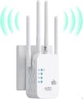 Miniatyrbild 1 av 6: WiFi Repeater - 1200 Mbps Dual Band 2,4G/5G WiFi-förstärkare - Vit, 4 antenner, 2 LAN-portar - Kompatibel med Internetboxar