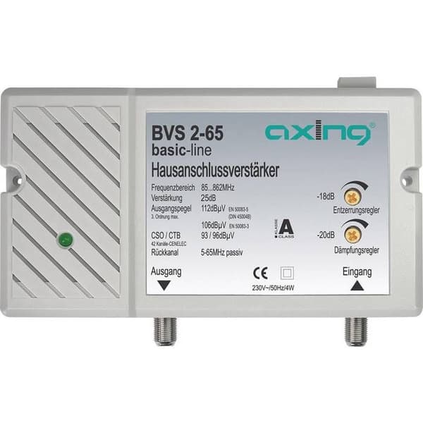 Anslutningsförstärkare - AXING - BVS 2-65 - 25 dB - Returväg 4-65 MHz - Inbyggd LED