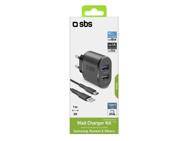SBS TEKITTRC2U2AFASTK, Innendørs, AC, USB, 5 V, 1 m, Sort