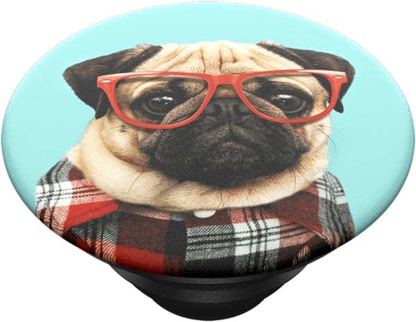 PopSockets Swappable PopGrip - Fingergrepp/vikbart ställ för mobiltelefon - Studious Stu - pug in plaid with sunglasses