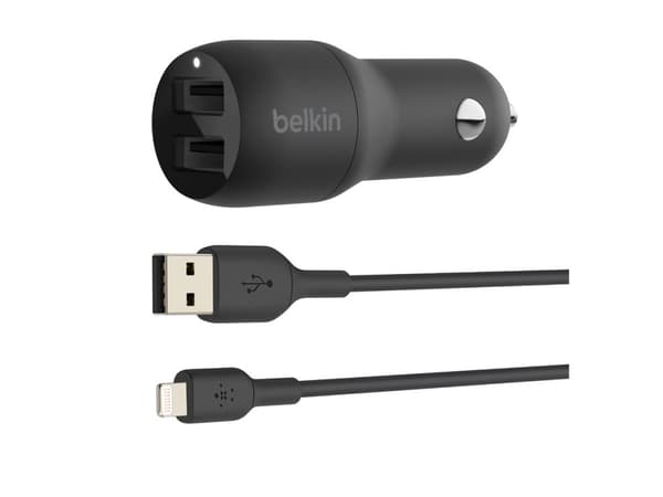 Belkin BoostCharge Dual Charger - Bilstrømadapter - 24 watt - 4.8 A - 2 utgangskontakter (USB) - på kabel: Lightning - svart