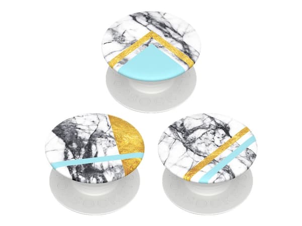PopSockets PopMinis - Fingergrep/stativ for mobiltelefon, nettbrett - White Marble Glam - hvit (trekkspill), hvit (plattform) (en pakke 3)