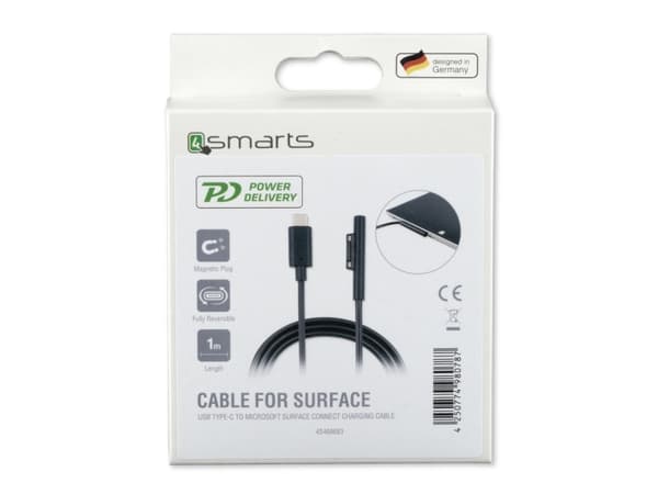 4smarts 468683, Synkronointi-/latauskaapeli, Microsoft, Surface Pro 6 Pro 5 Pro 4 Pro 3, Surface Book, Surface Go, Surface Laptop, Musta, 1 m, 20 g