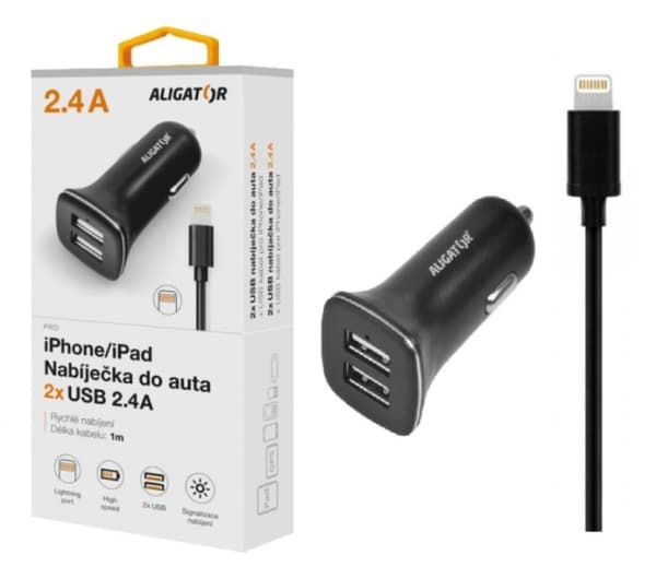 Aligator CHA0012, Automatisk, Cigartenner/lighter, 5 V, 2,4 A, 1 m, Sort Sort