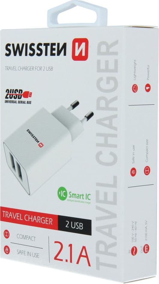 Swissten Travel Smart 2x USB 2.1A biala, inomhus, USB, 5 V, Vit