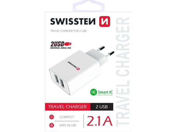Swissten Travel Smart 2x USB 2.1A biala, inomhus, USB, 5 V, Vit