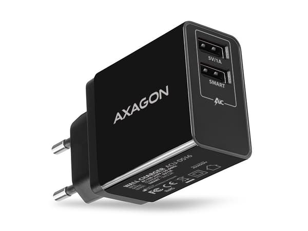 AXAGON ACU-DS16 Laturi, 2x USB-A, Smart 5V 1.2A, 16W - musta musta