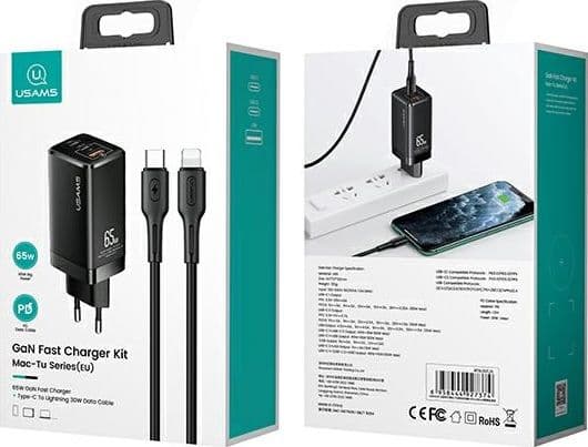 USAMS MT 2xUSB-C+USB GaN 65W T33 PD + USB-C-Lightning 30W nopea latauskaapeli musta/musta MTXLOGTL01