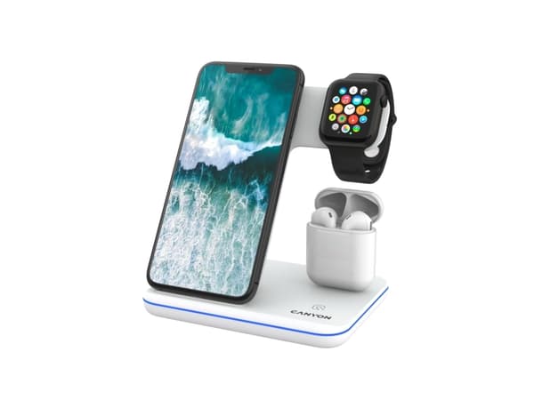 Canyon WS-302 - Trådløst ladestativ - 3-i-1 - 15 watt - 2.7 A - Fast Charge (Lightning/Micro-USB Type B) - hvit