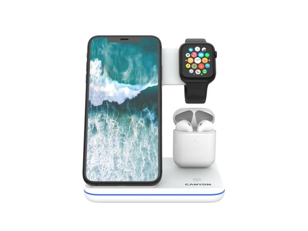 Canyon WS-302 - Trådløst ladestativ - 3-i-1 - 15 watt - 2.7 A - Fast Charge (Lightning/Micro-USB Type B) - hvit