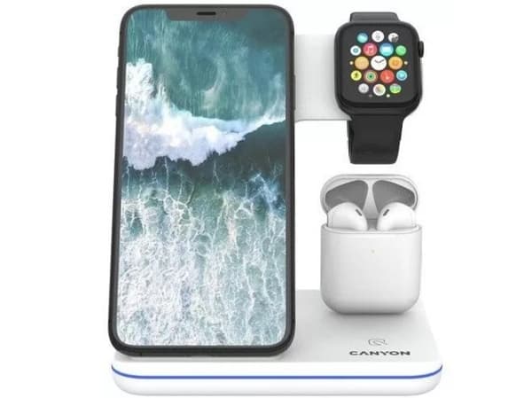 Canyon WS-302 - Trådløst ladestativ - 3-i-1 - 15 watt - 2.7 A - Fast Charge (Lightning/Micro-USB Type B) - hvit