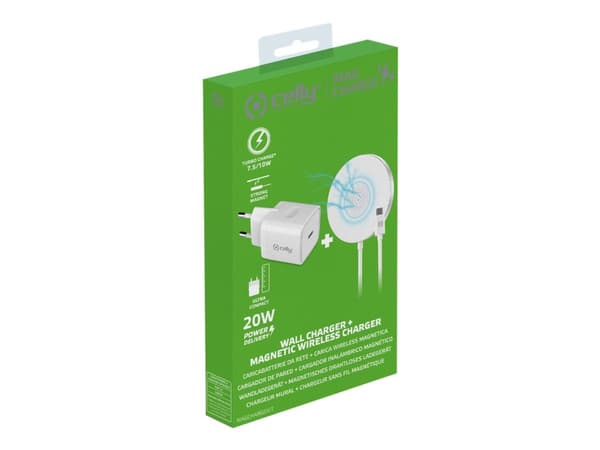 Celly MAGCHARGEKIT - Trådløs ladepute + AC-strømadapter - 10 watt - Turbo Charge - hvit - for Apple iPhone 12, 12 mini, 12 Pro, 12 Pro Max