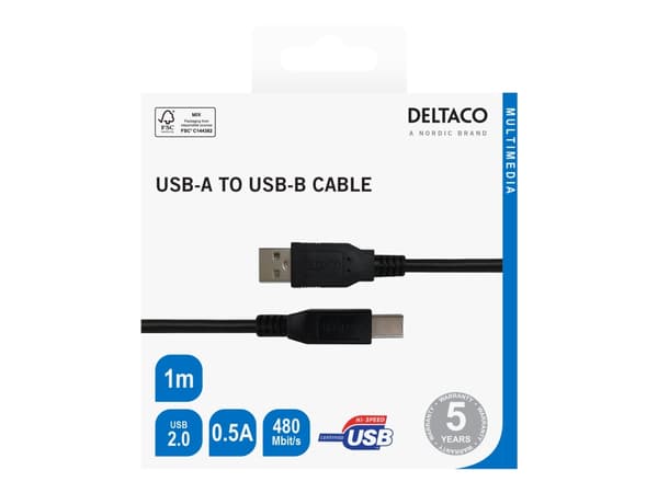 DELTACO USB 2.0 kaapeli tyyppi A uros - tyyppi B uros 1m, musta