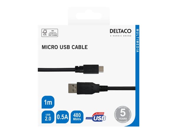 DELTACO - USB-kabel - USB (hane) till mikro-USB typ B (hane) - USB 2.0 - 2.4 A - 1 m - svart