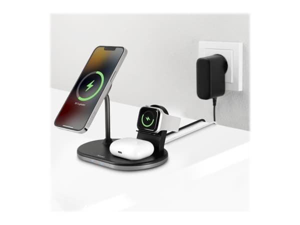 Hama "MagCharge Multi" - Trådløst ladestativ + AC-strømadapter - 15 watt - Turbo Fast Charge - 3 utgangskontakter - svart - for Apple iPhone 12, 12 m Sort