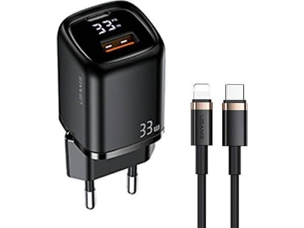 USAMS Nettverkslader 1xUSB-C+1xUSB T46 33W PD3.0 +QC3.0 Hurtiglading +kabel U63 USB-C/Lynsort farge UDTZ01