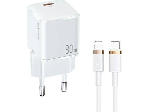 USAMS Last. Nettverk. 1xUSB-C T45 30W PD3.0 Hurtiglading + kabel U63 USB-C/Lynhvit/hvit UXTZH02 (USAMS-UX)