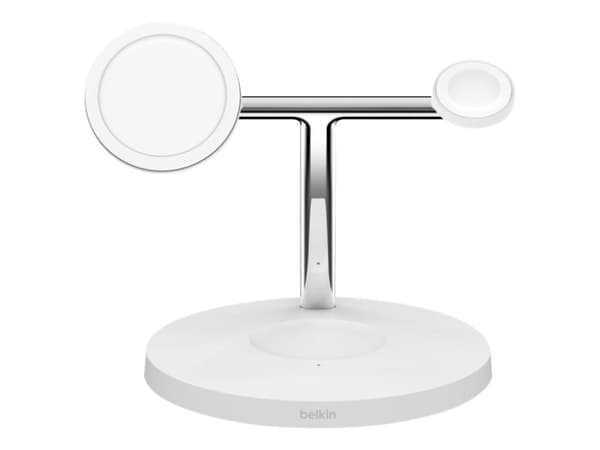Belkin BoostCharge Pro - Trådlöst laddställ - med MagSafe + växelströmsadapter - 15 Watt - Fast Charge - vit - för Apple AirPods; AirPods Pro; iPhone