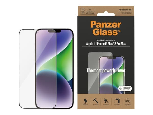 PanzerGlass™ | Antibakteriell - Skjermbeskytter for mobiltelefon - Ultra-Wide Fit - rammefarge svart | Apple iPhone 13 Pro Max/14 Plus