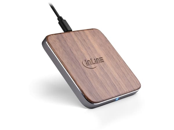 InLine 33393Y, inomhus, USB, 9 V, Trådlös laddning, 1 m, Trä