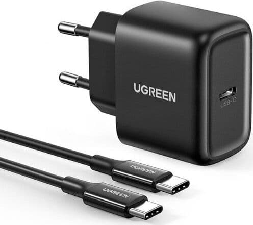 UGREEN CD250 verkkovirtalaturi, 25W, USB-C (musta) + USB-C USB-C-kaapeli, 2m (musta)
