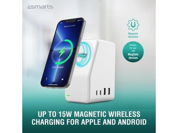 4smarts 5in1 Ultimag Desktower Charger, Innendørs, USB, Trådløs lading, 1 m, Hvit