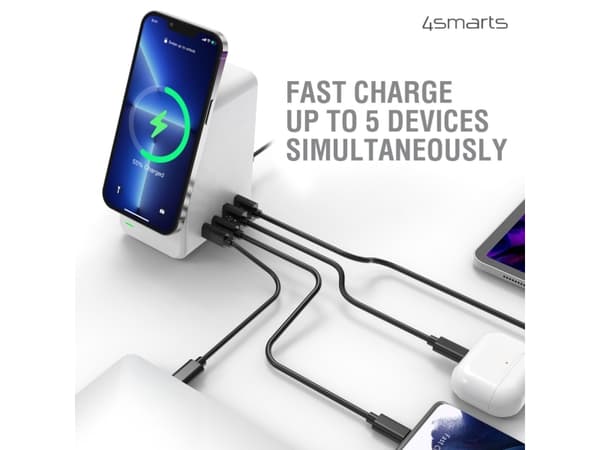4smarts 5in1 Ultimag Desktower Charger, Innendørs, USB, Trådløs lading, 1 m, Hvit
