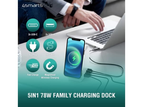 4smarts 5in1 Ultimag Desktower Charger, Innendørs, USB, Trådløs lading, 1 m, Hvit