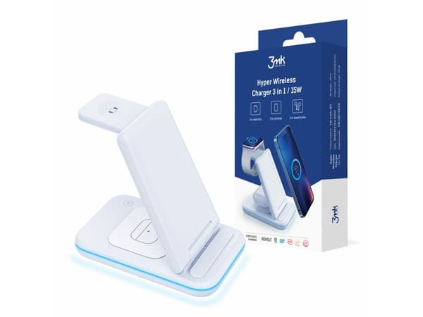 3MK Hyper Wireless Charger induksjonslader 3in1 15W smarttelefon / smartklokke / hodetelefoner