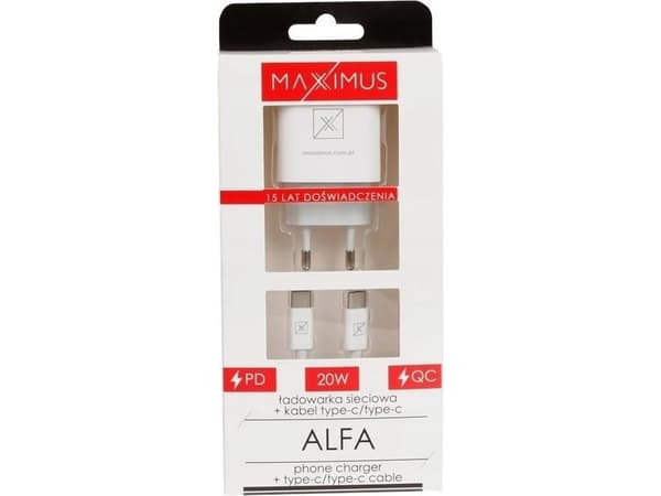Maxximus ŁAD lader. NETTVERK MX ALFA 20W PD+QC, USB-A+C + C/C-KABEL 20W PD, HVIT/HVIT